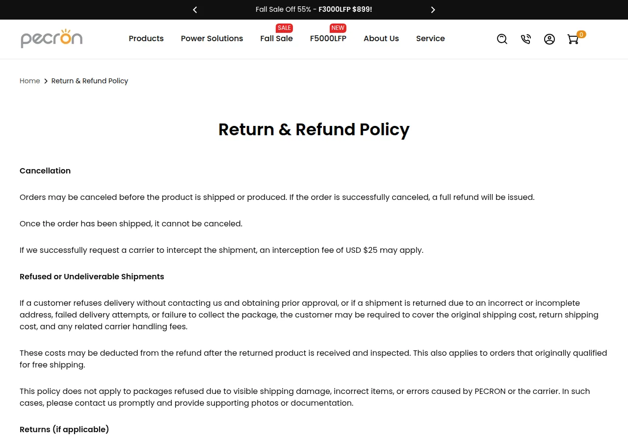 The Pecron return and refund policy page showing the cancellation and refused shipments sections