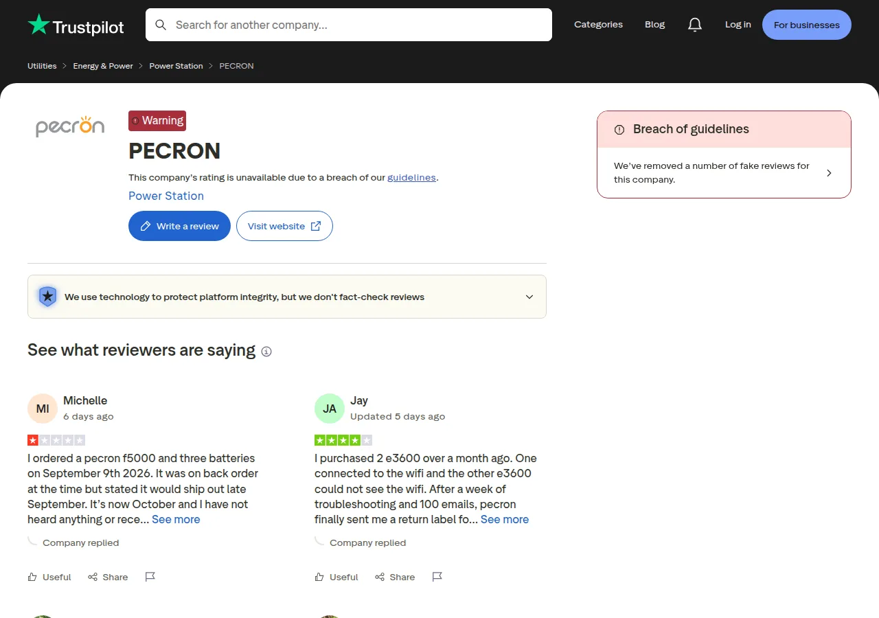 The Trustpilot page for pecron.com showing a Warning label and the text that the rating is unavailable due to a breach of guidelines