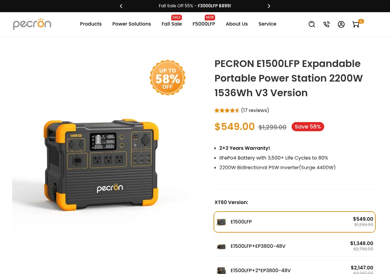 The Pecron E1500LFP product page at $549