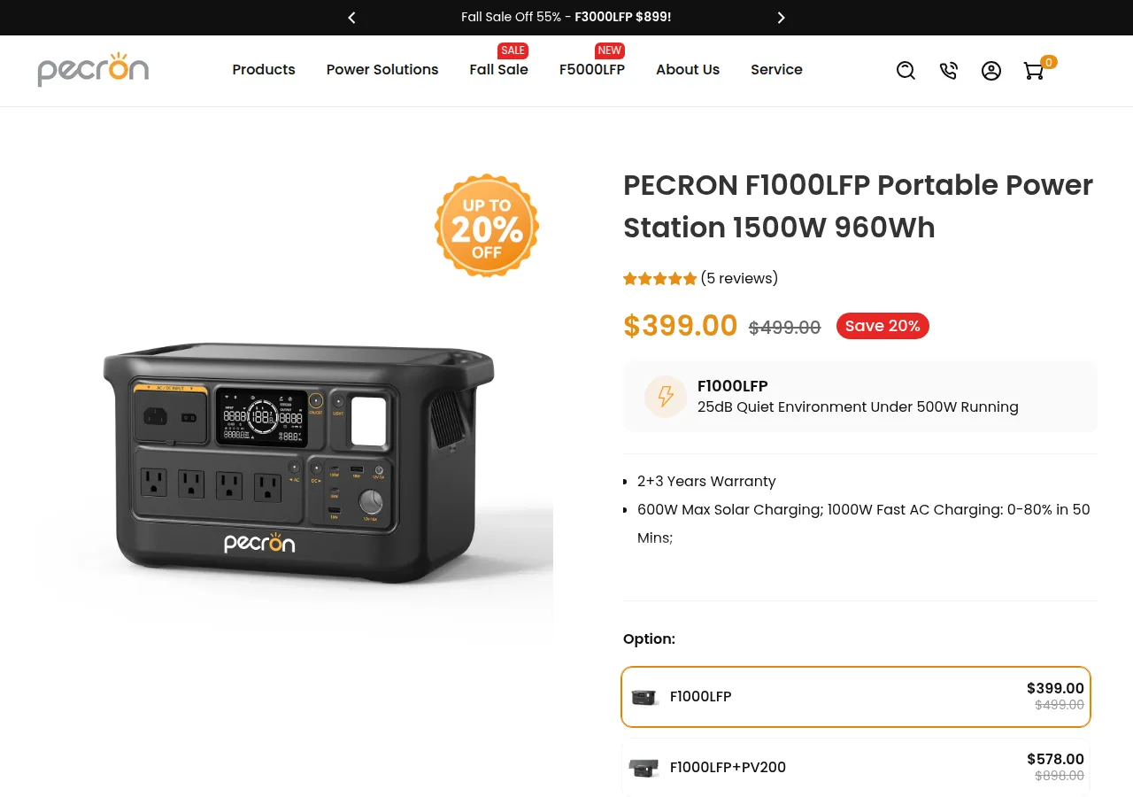 The Pecron F1000LFP product page at $399