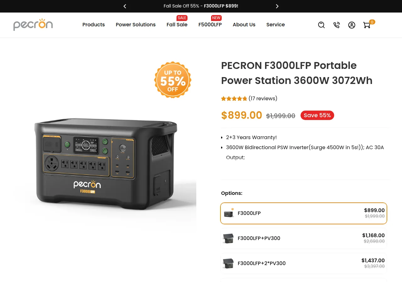 The Pecron F3000LFP product page at $899
