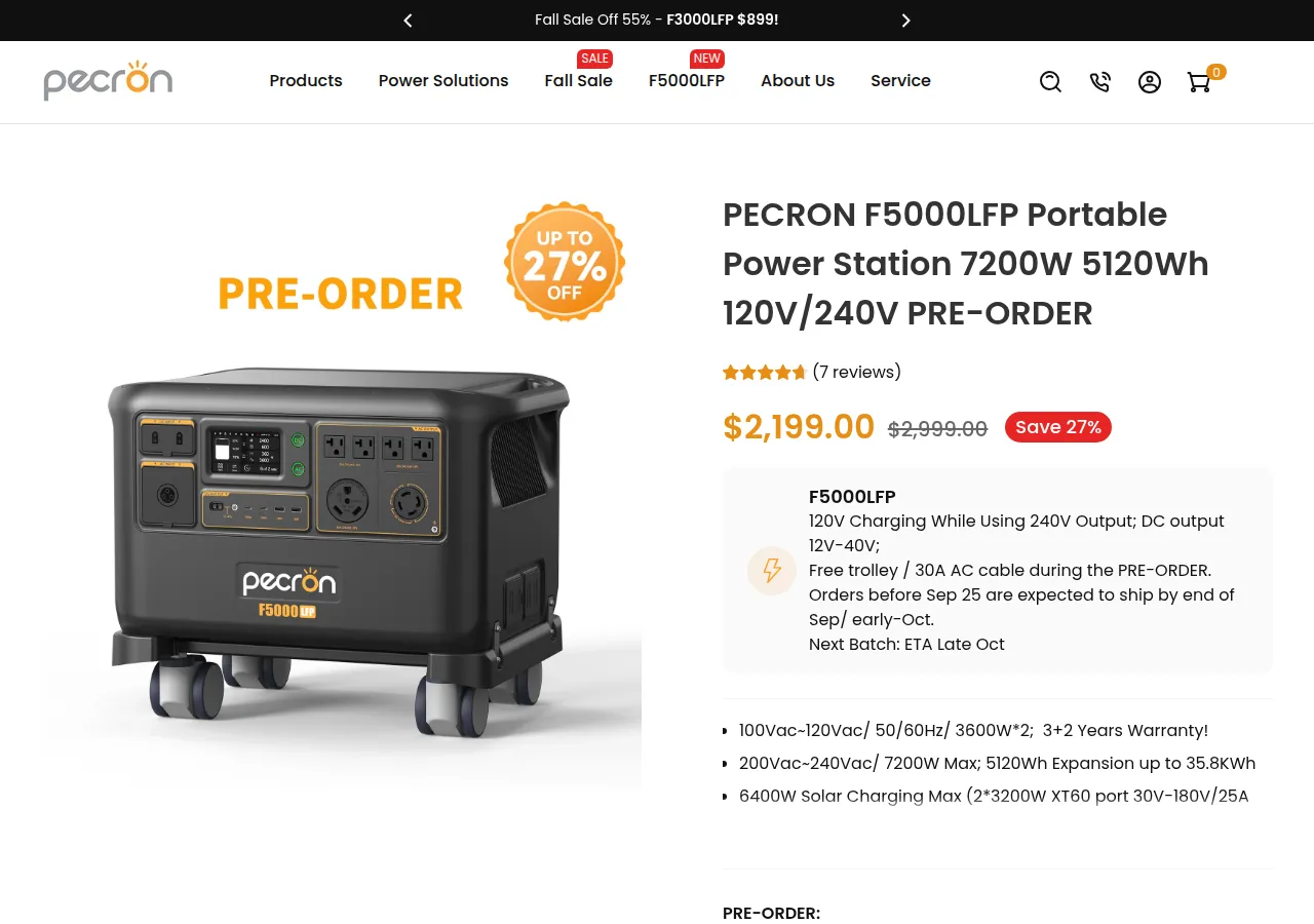 The Pecron F5000LFP product page at $2,199 on pre-order