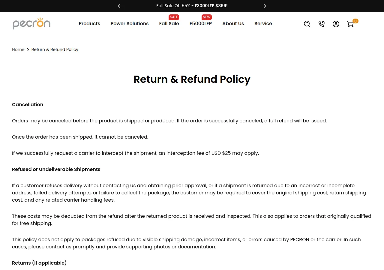 The Pecron Return and Refund Policy page