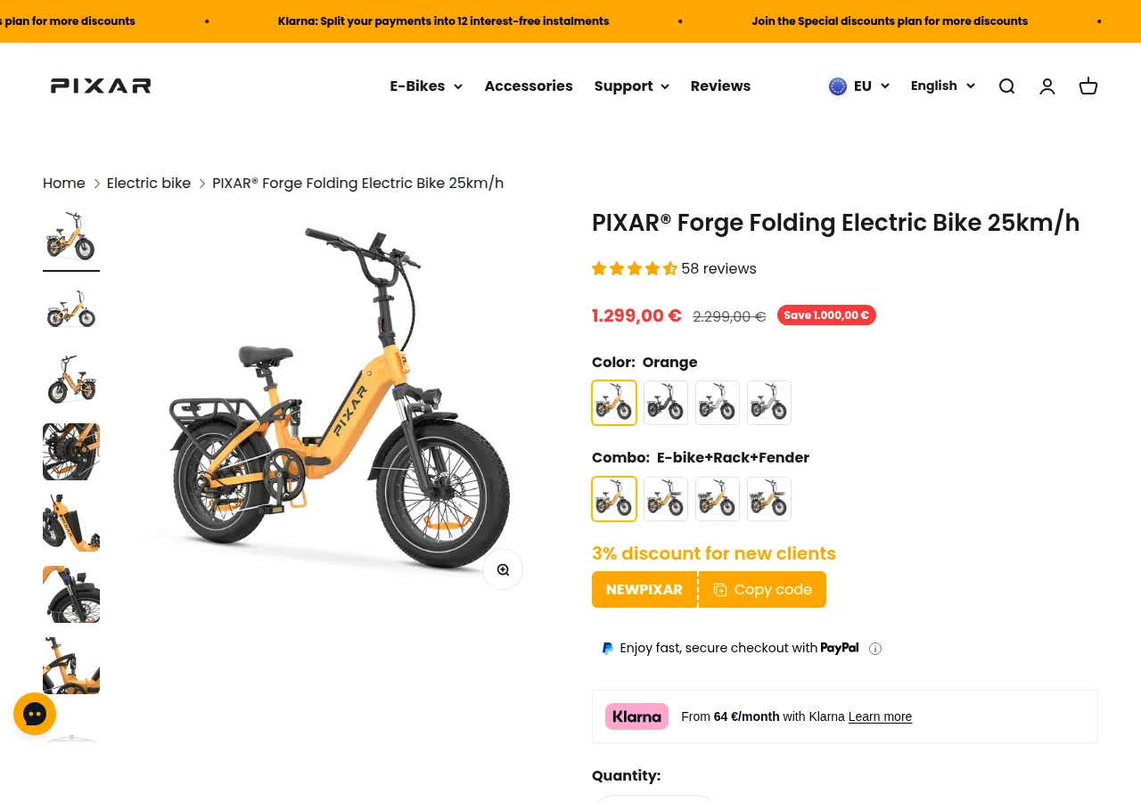 The Pixar Forge folding electric bike product page showing an orange folding fat-tyre e-bike, 58 reviews and a price of 1.299,00 euro