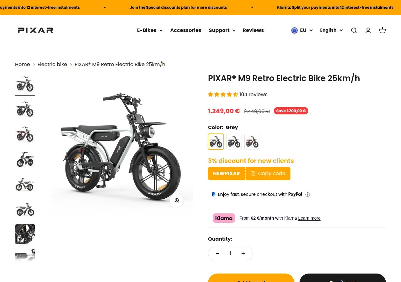 Screenshot of the Pixar M9 Retro Electric Bike product page showing a grey retro fat-tyre e-bike, 104 reviews and a price of 1.249,00 euro