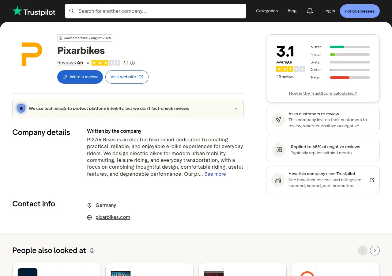 The Trustpilot page for pixarbikes.com showing 3.1 stars from 45 reviews