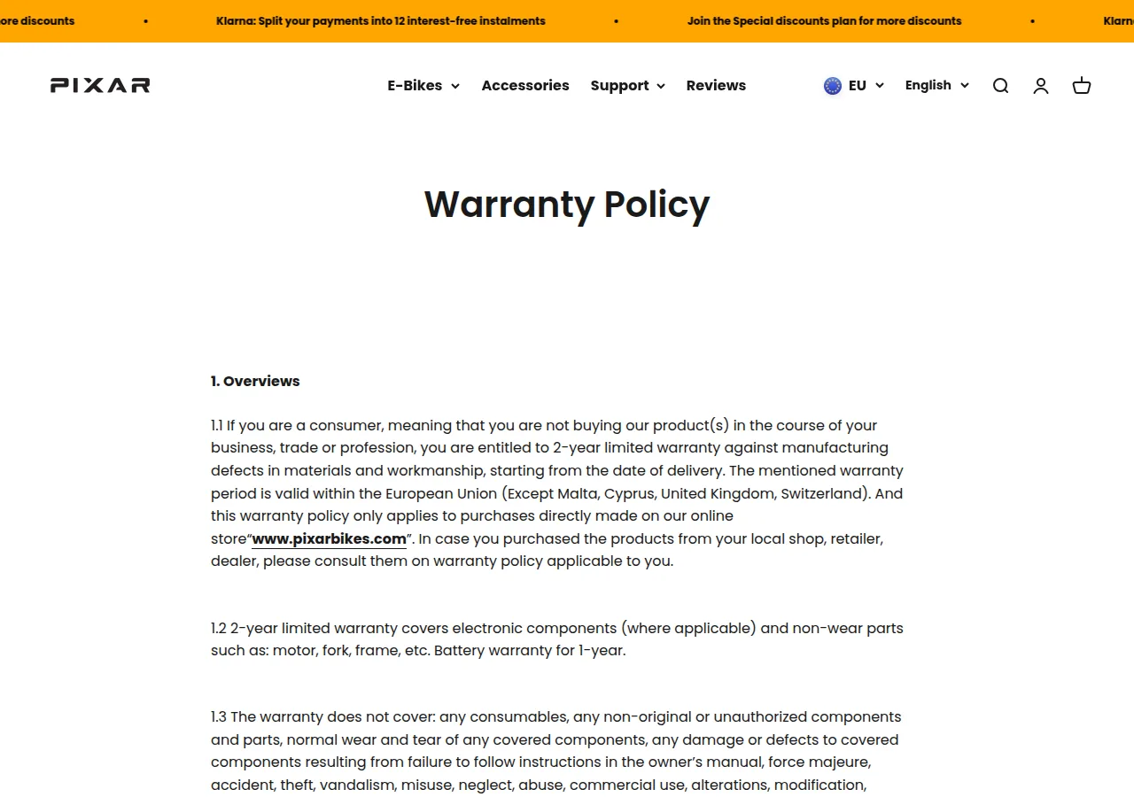 The Pixar Bikes warranty policy page with the 2-year limited warranty and 1-year battery warranty