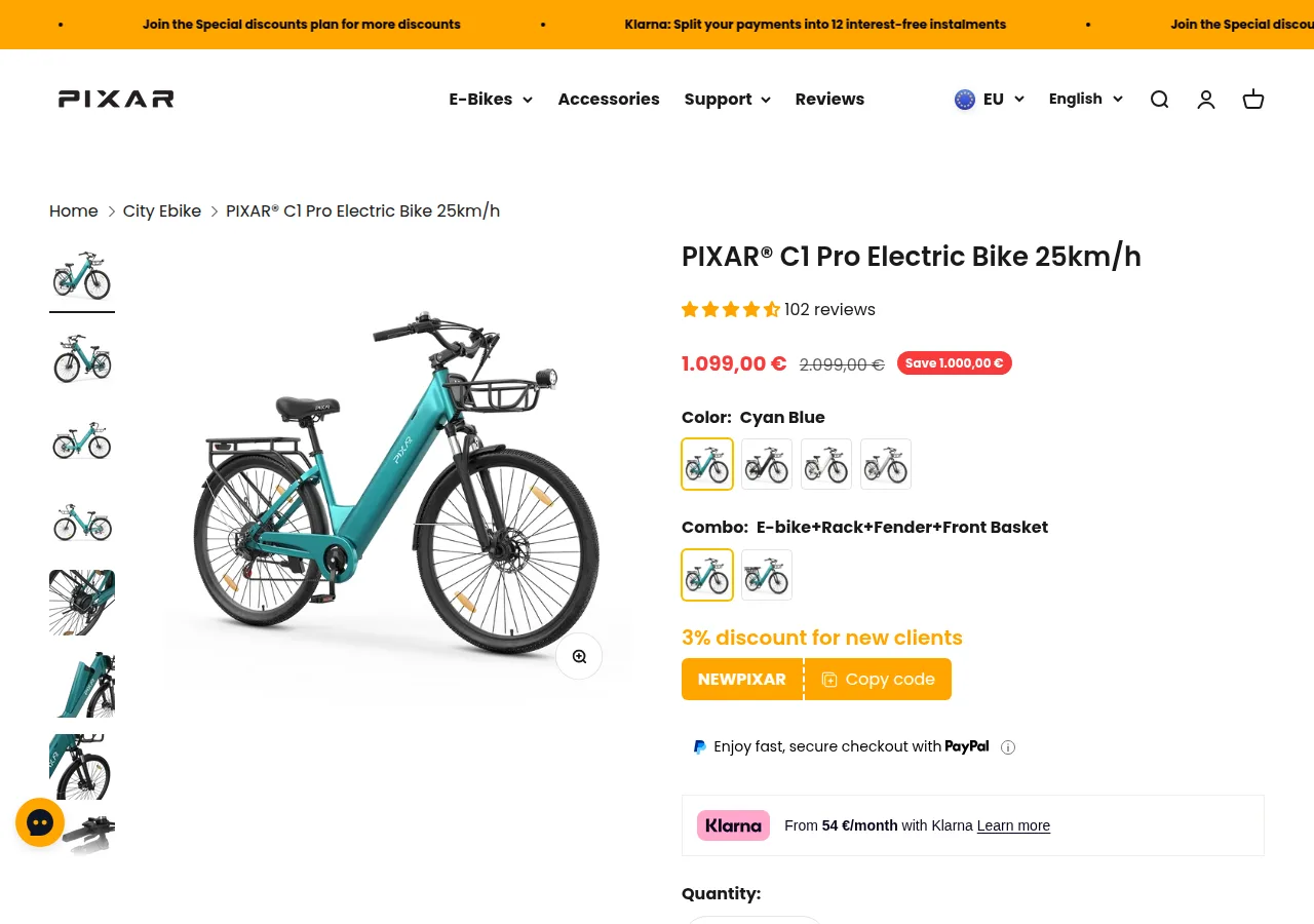 The Pixar Bikes C1 Pro product page showing a teal step-through e-bike with a front basket, rear rack and a price of €1,099