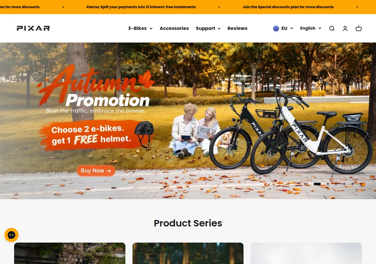 Screenshot of the Pixar Bikes home page showing the Autumn Promotion banner with two riders on white e-bikes and the offer of a free helmet with two e-bikes