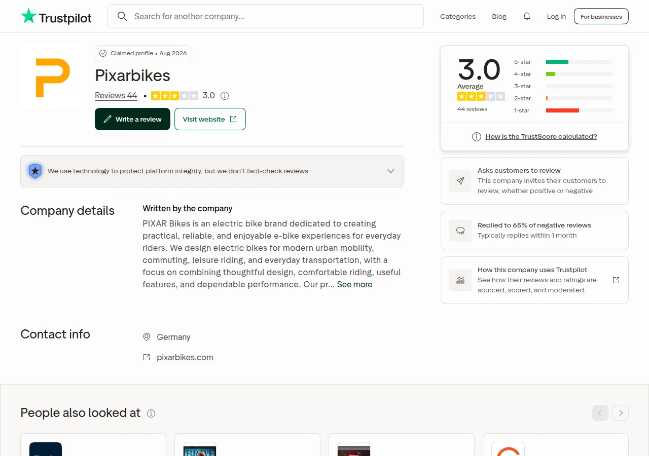 The Trustpilot page for pixarbikes.com showing a 3.0 average from 44 reviews