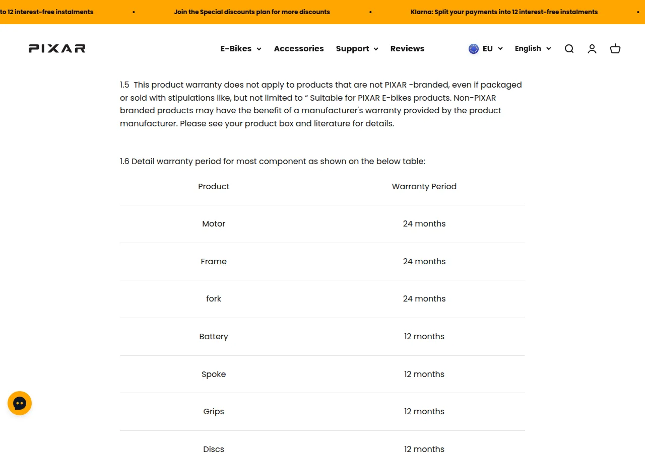The Pixar Bikes warranty table listing 24 months for the motor, frame and fork and 12 months for the battery