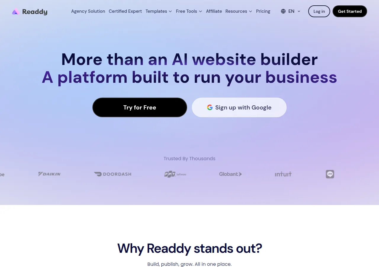 Screenshot of the Readdy home page headline More than an AI website builder, with Try for Free and Sign up with Google buttons