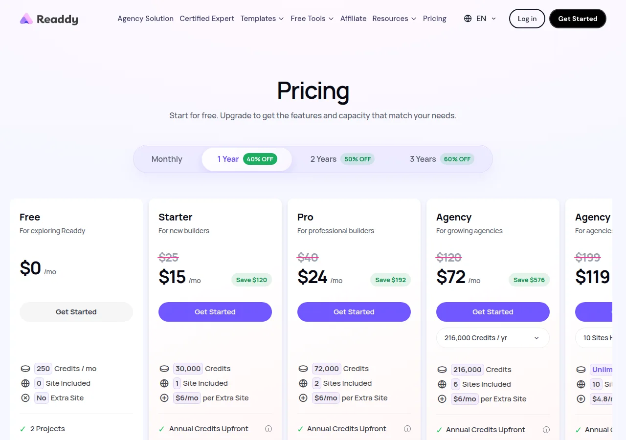 The Readdy pricing page with Free, Starter, Pro and Agency plans
