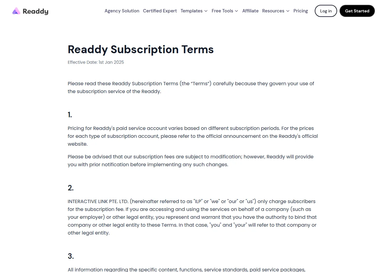 The Readdy Subscription Terms page