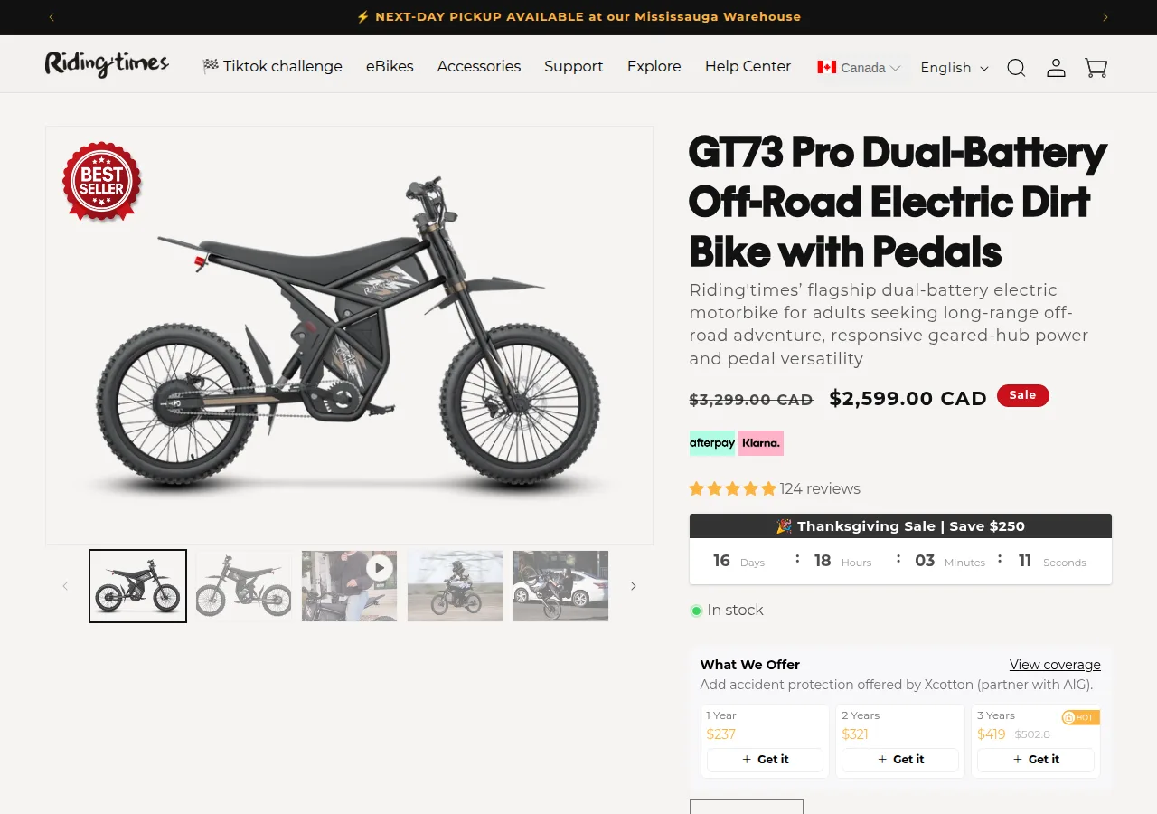 The Riding'times GT73 Pro product page with a C$2,599 sale price, a Best Seller badge and 124 reviews