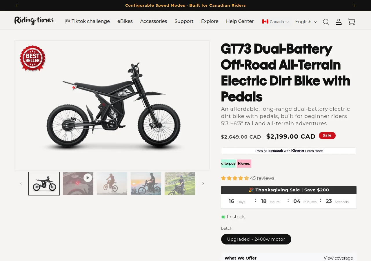 Screenshot of the Riding'times GT73 Dual-Battery Off-Road Electric Dirt Bike product page showing a C$2,199 sale price and 45 reviews