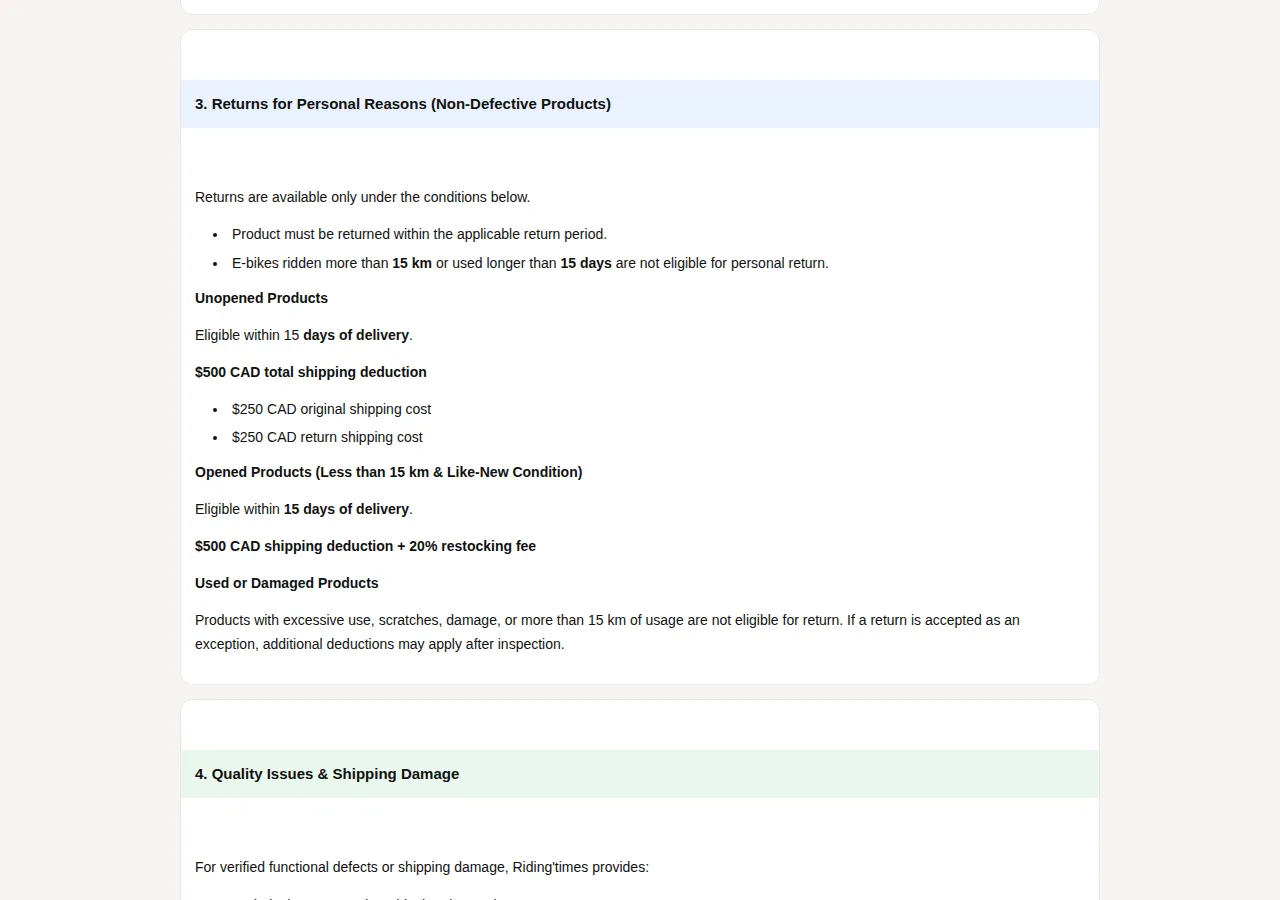 The Riding'times return policy page showing a 15 day window and a C$500 deduction