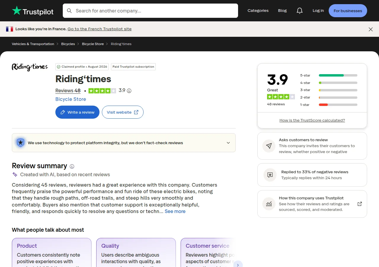 The Trustpilot page for Riding'times (ridingtimes.com) showing 3.9 from 48 reviews with a paid subscription label