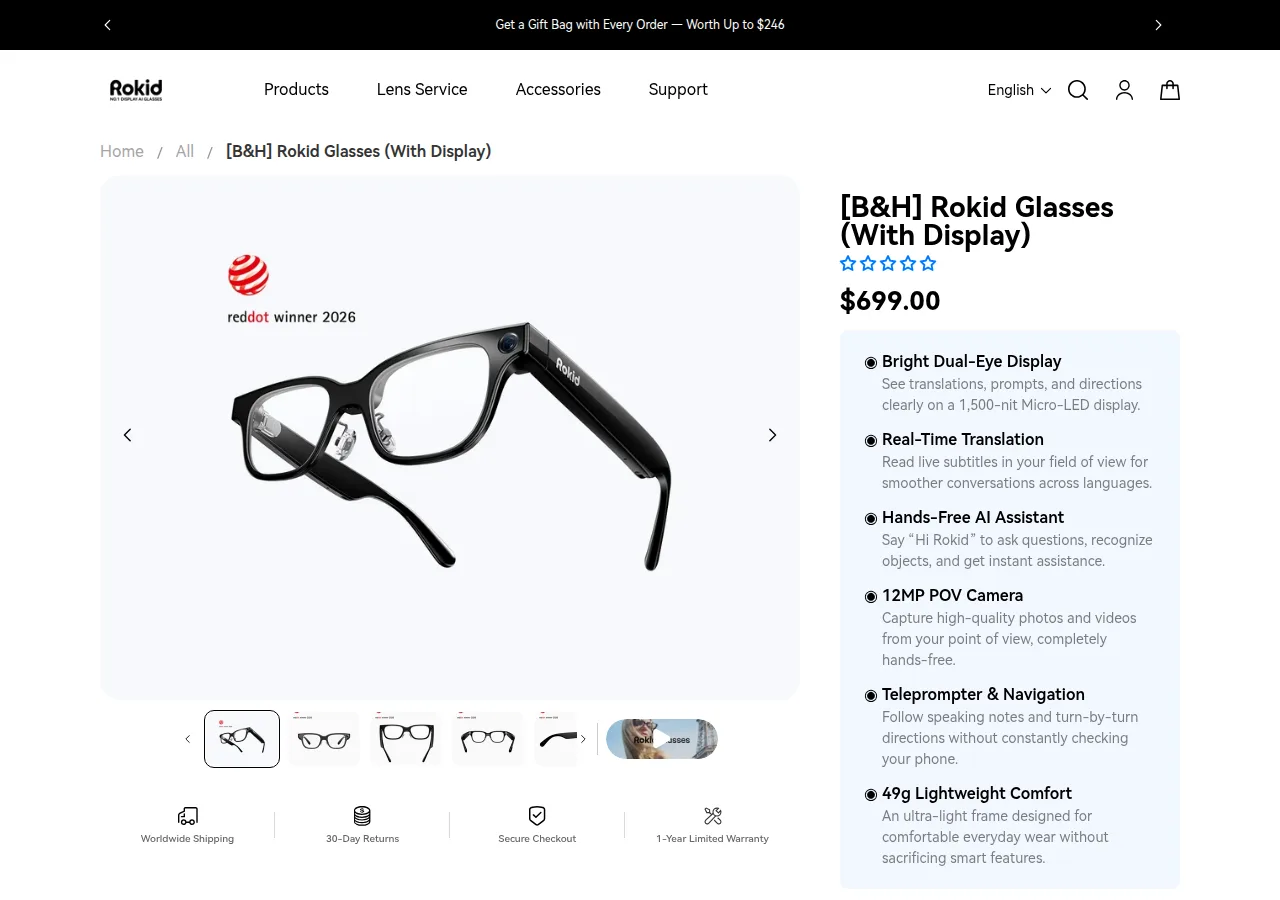 The Rokid store's B&H listing for the Rokid Glasses with display, priced at $699 with feature bullets