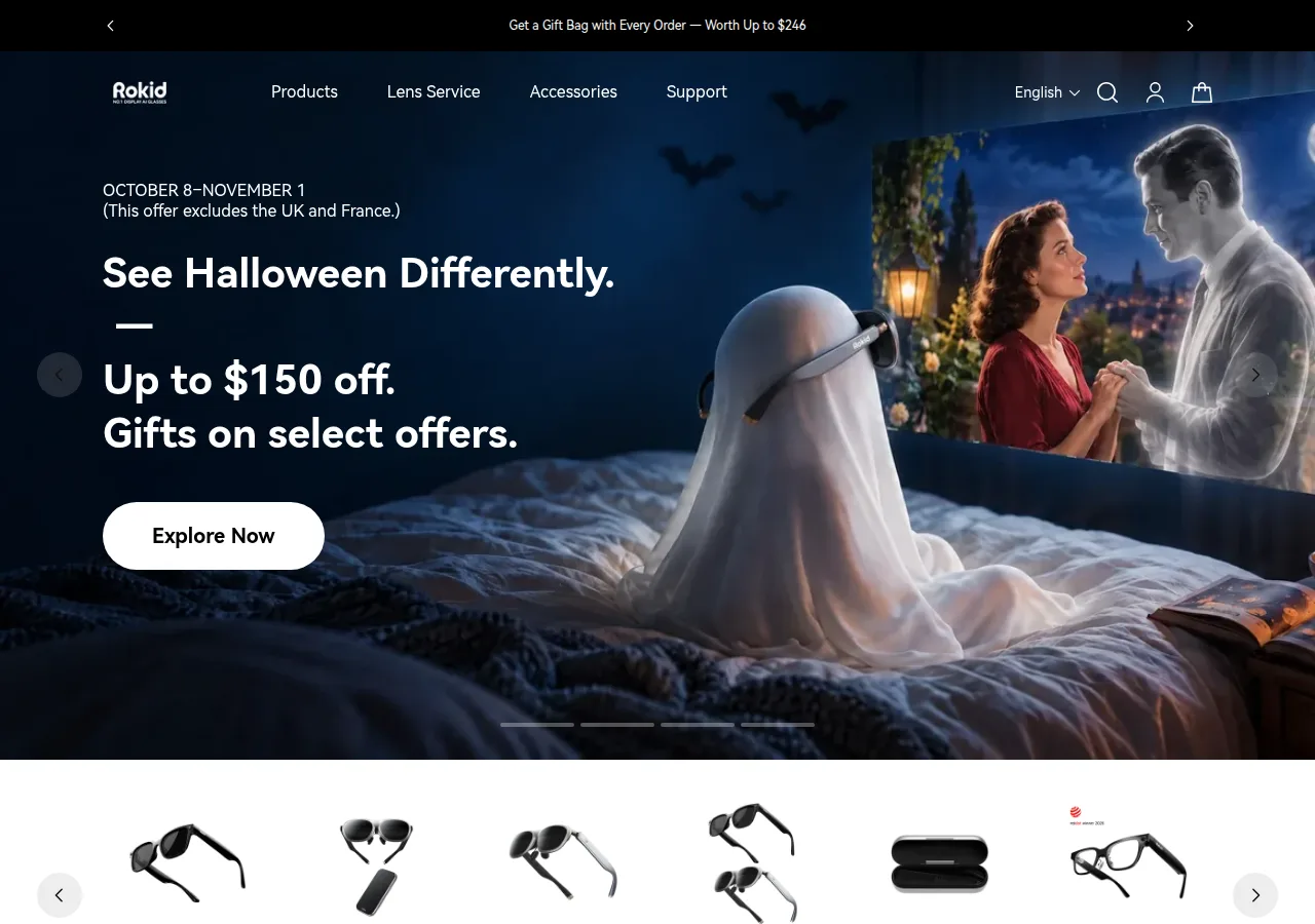 Screenshot of the Rokid Global store home page with a Halloween promotion banner and a row of AI and AR glasses products
