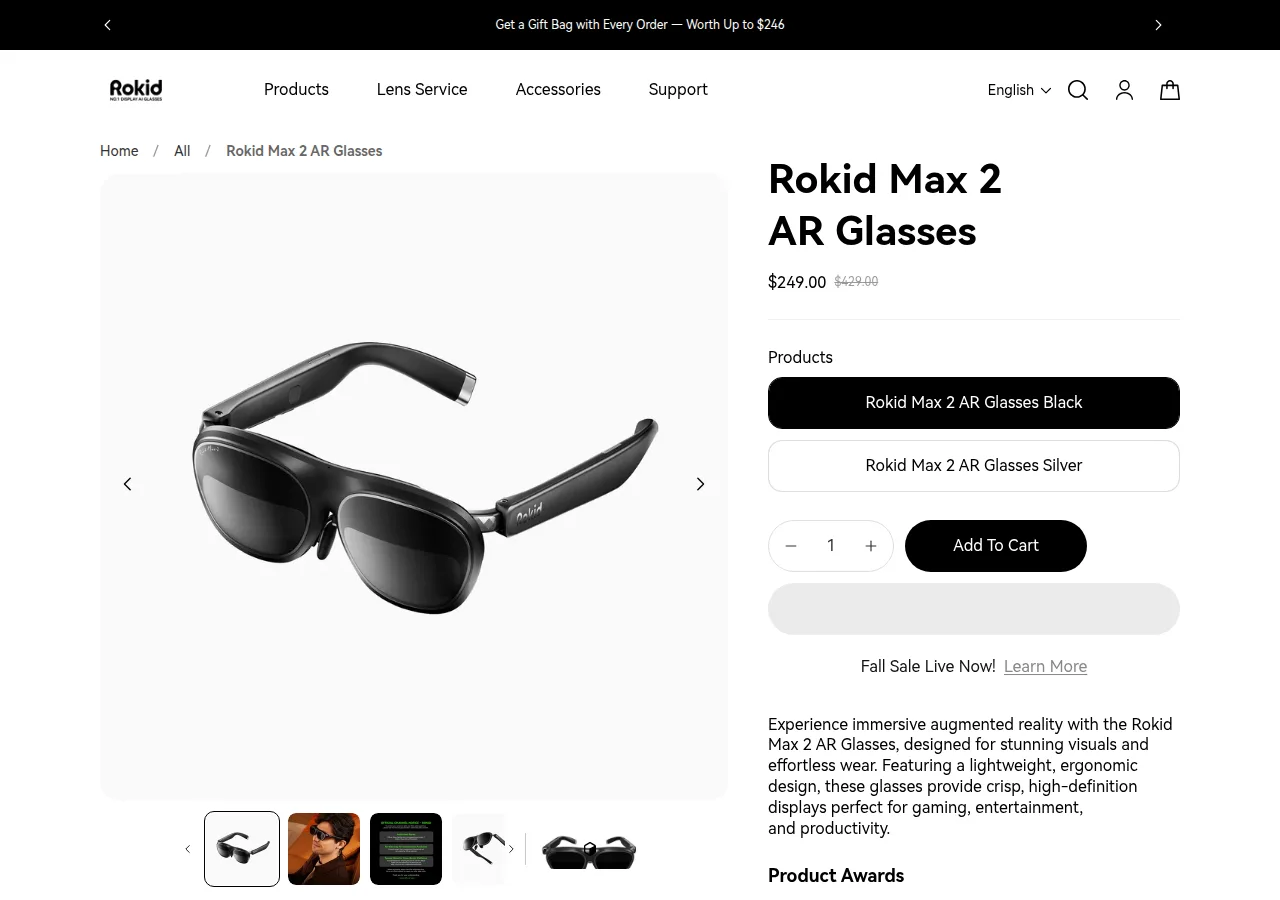 The Rokid Max 2 AR Glasses product page priced $249 with $429 crossed out and black and silver options