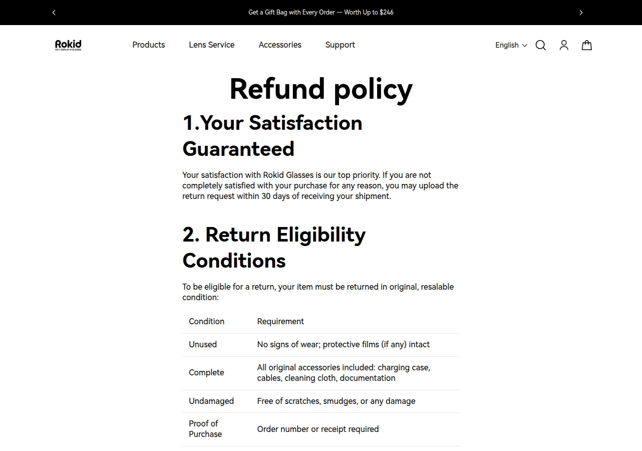 The Rokid refund policy page with a 30-day satisfaction guarantee and a table of return conditions