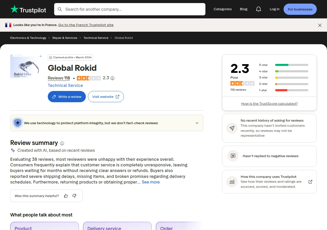 The Trustpilot page for Global Rokid showing a 2.3 rating from 118 reviews