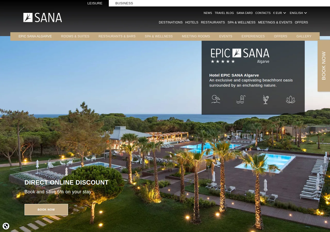 The EPIC SANA Algarve hotel page on sanahotels.com with the resort and a 5% direct online discount banner