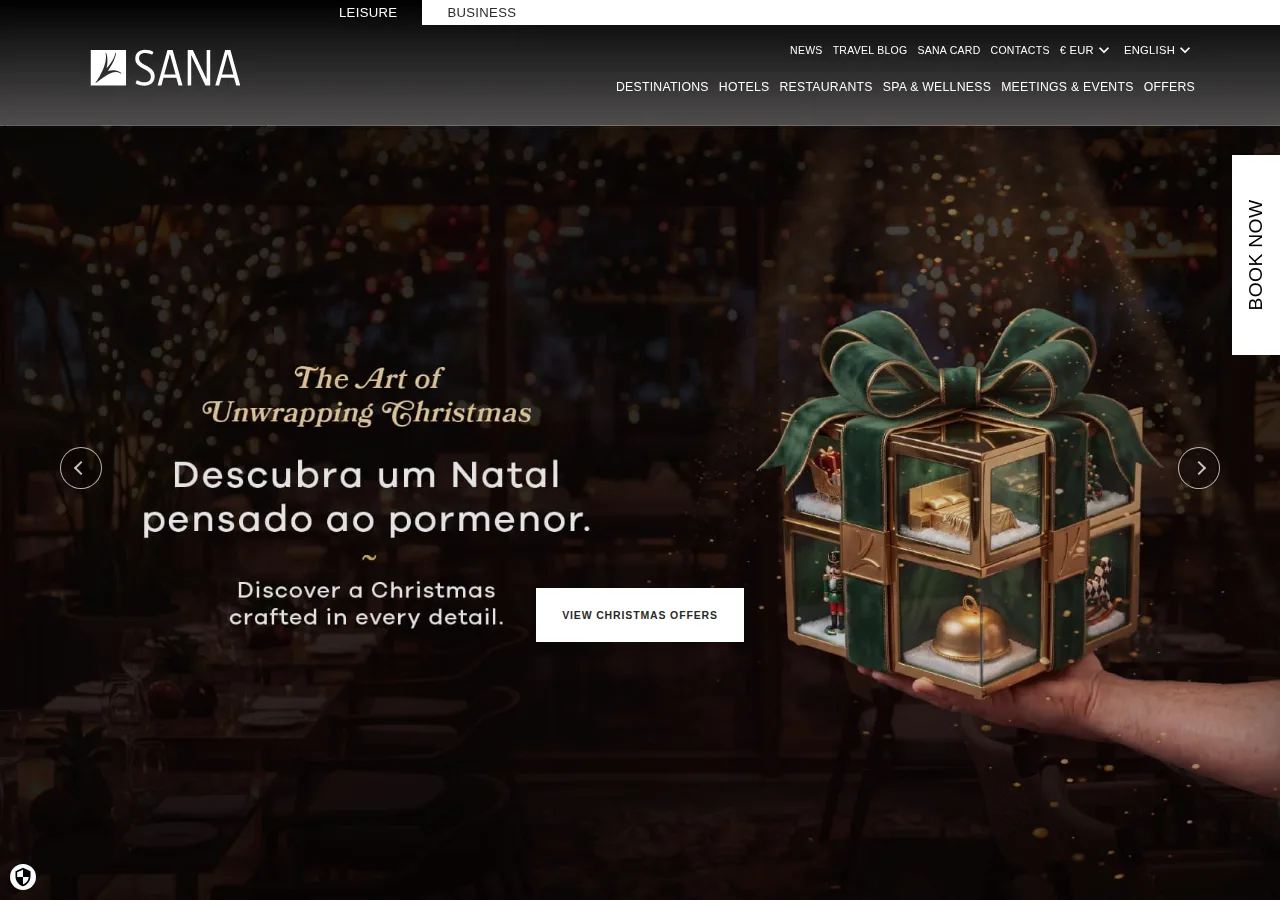 Screenshot of the SANA Hotels home page with a Christmas banner and the SANA logo and menu for destinations, hotels, restaurants and spa