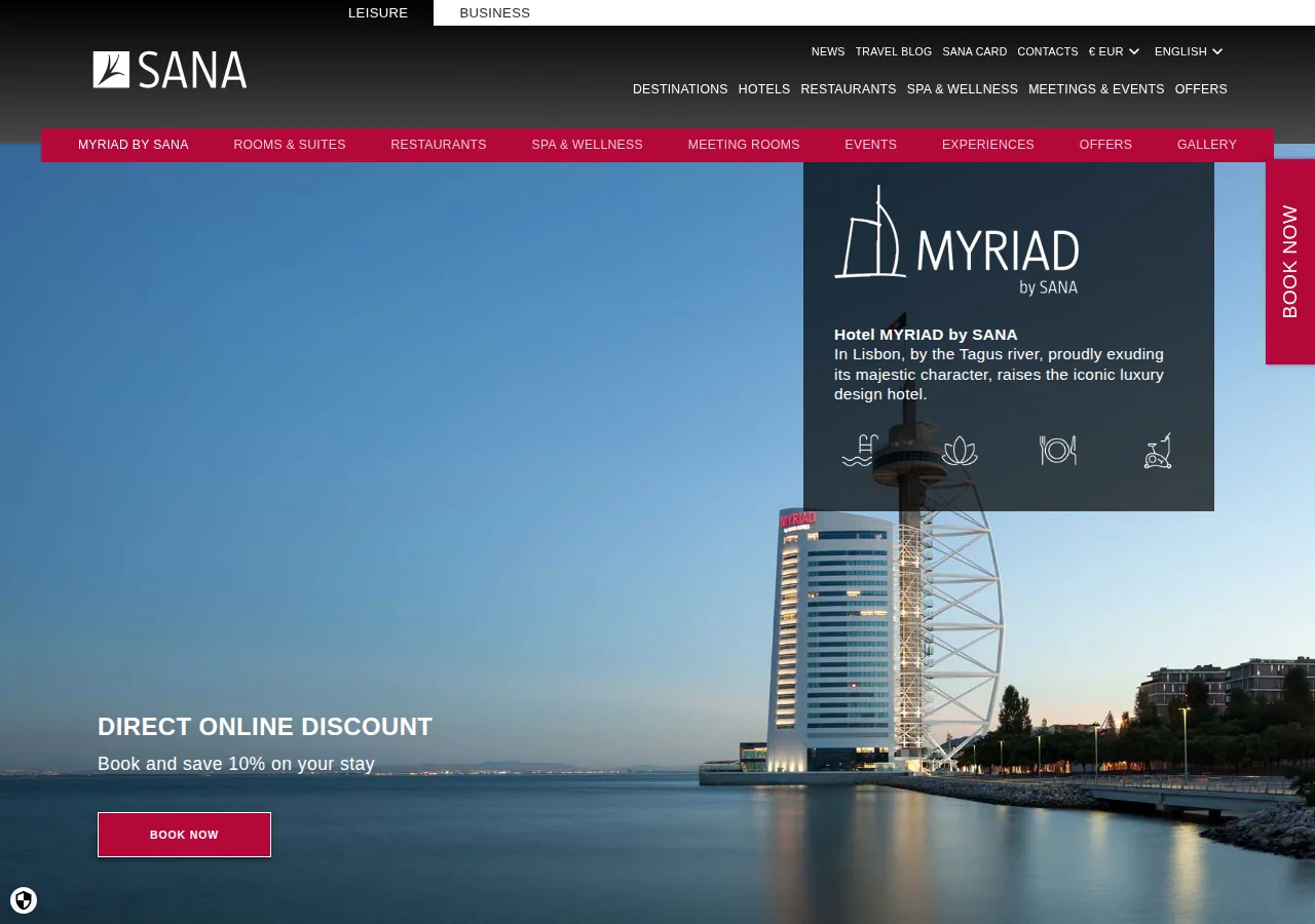 The MYRIAD by SANA hotel page on sanahotels.com with the tower and a 10% direct online discount banner