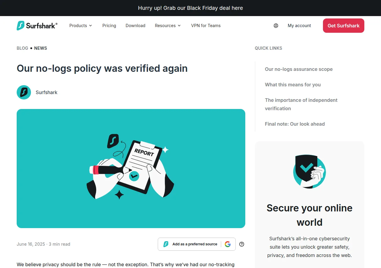 Surfshark's June 2025 blog post announcing its no-logs policy was verified again by Deloitte