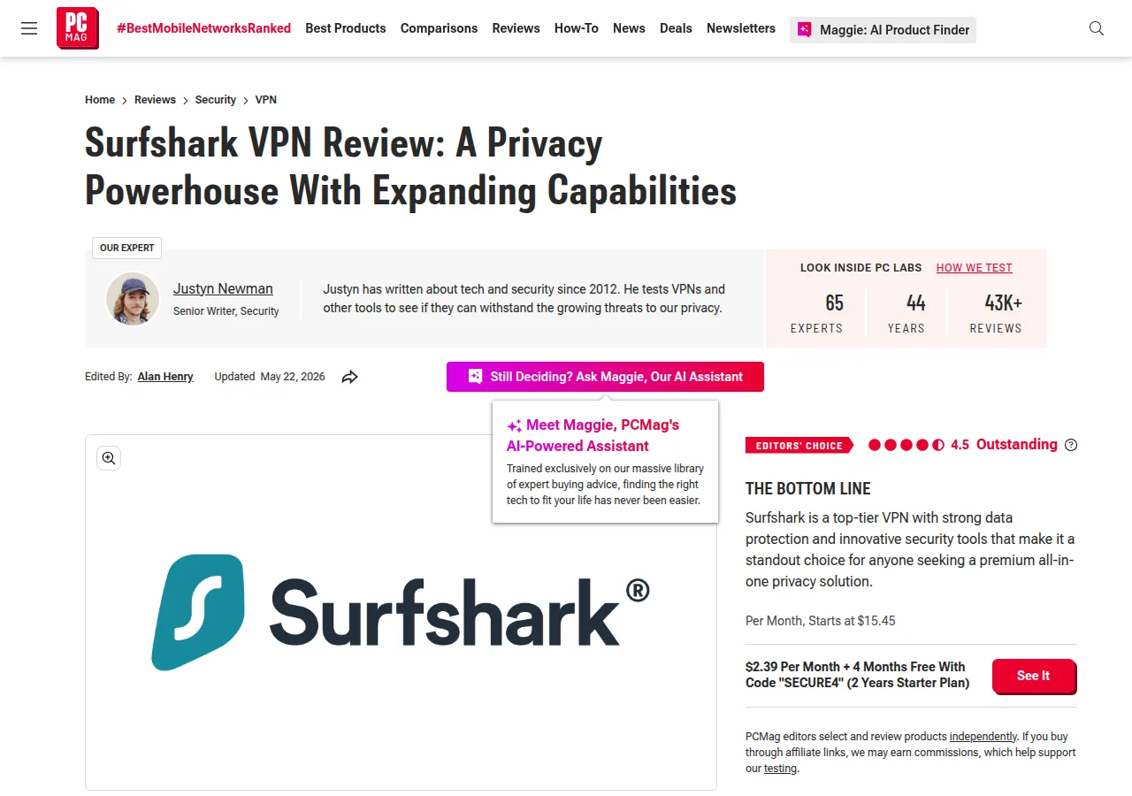 The PCMag Surfshark VPN review with a 4.5 Outstanding rating and Editors' Choice badge