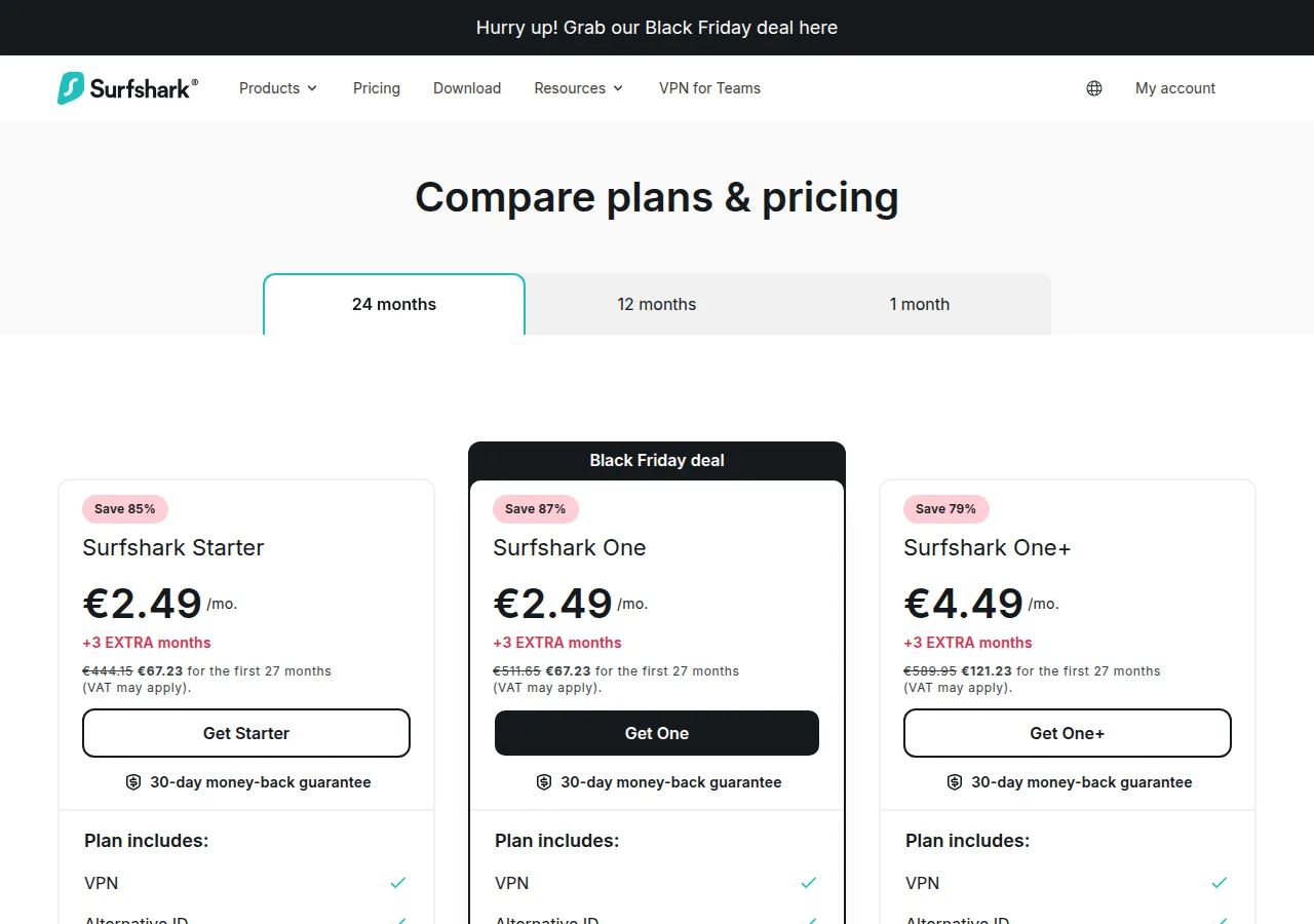 The Surfshark pricing page showing Starter, One and One+ at 2.49, 2.49 and 4.49 euros a month on the 24-month term