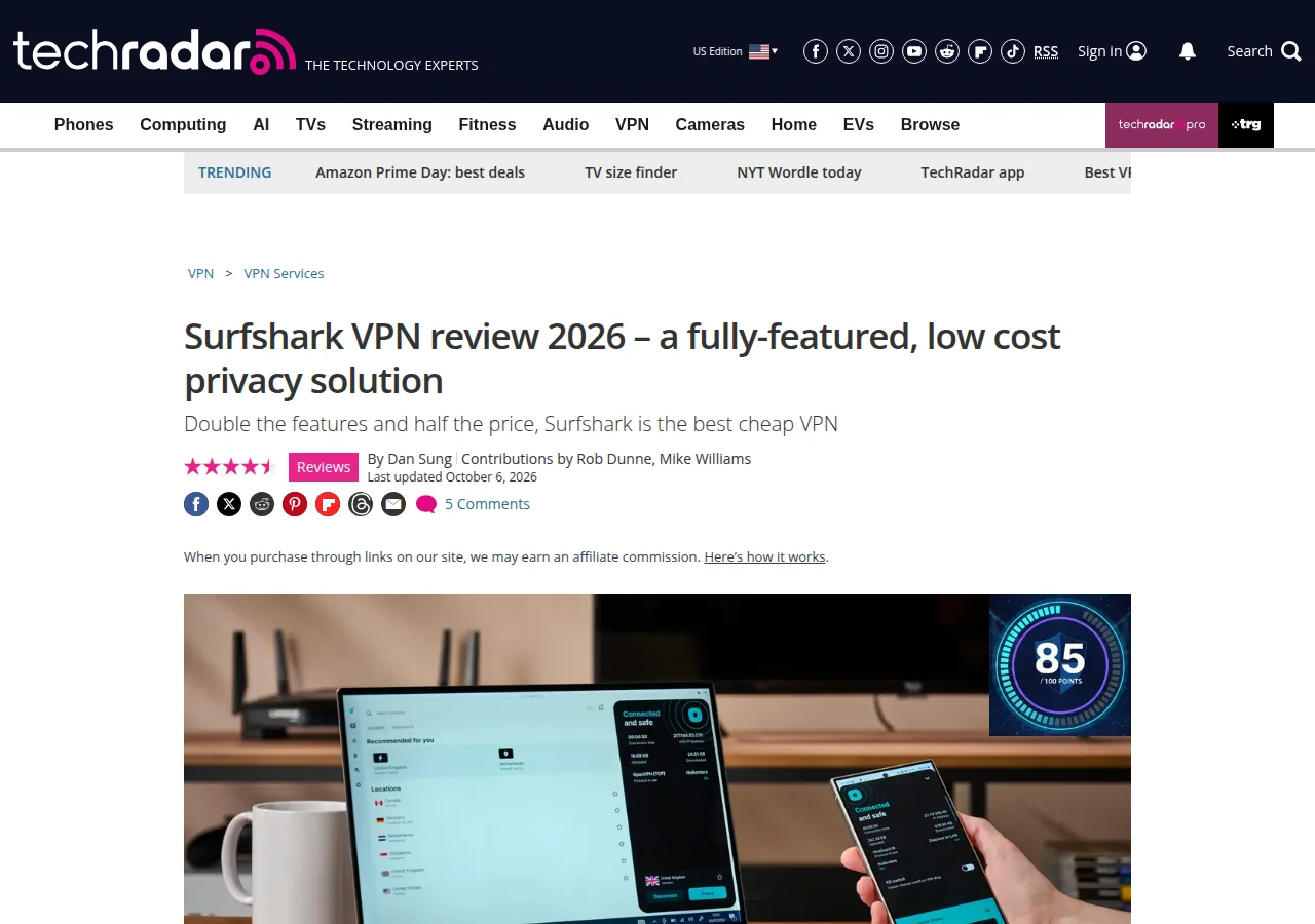 The TechRadar Surfshark VPN review with star rating and an 85 out of 100 points badge