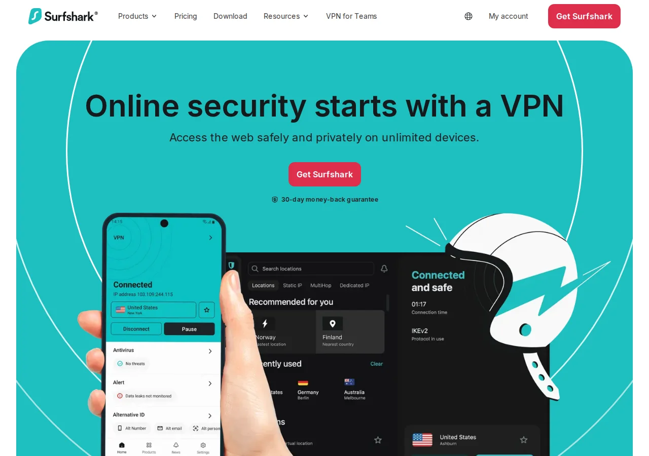 Screenshot of the Surfshark home page showing the VPN app on a phone and desktop, with a 30-day money-back guarantee