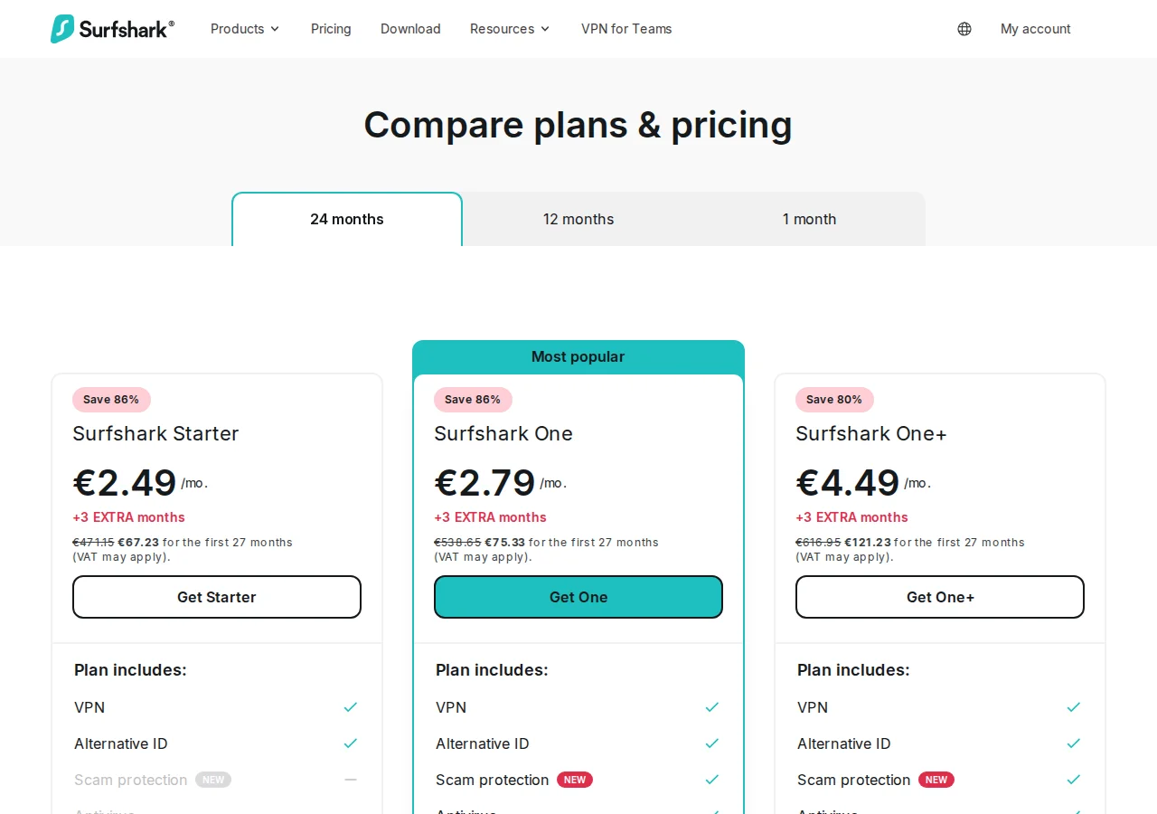 The Surfshark pricing page showing the Starter, One and One+ plans on a 24-month term