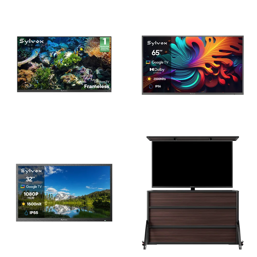 Sylvox products: a Frameless outdoor TV, a 65-inch Pool Pro QLED, a 32-inch Pool SE and an outdoor TV lift cabinet