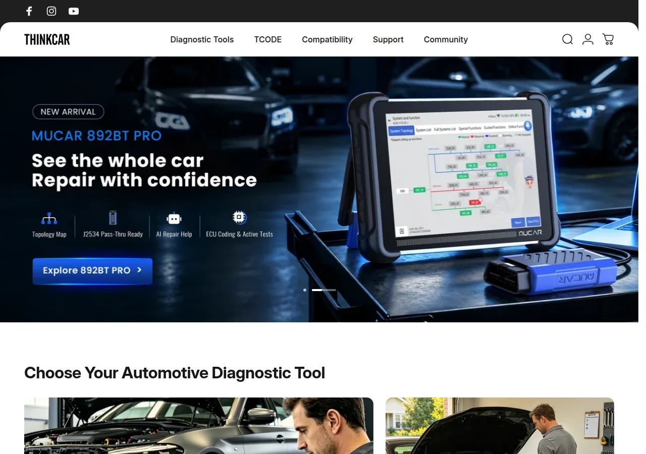 Screenshot of the Thinkcar home page showing the Mucar 892BT Pro tablet scanner and the Choose Your Automotive Diagnostic Tool heading