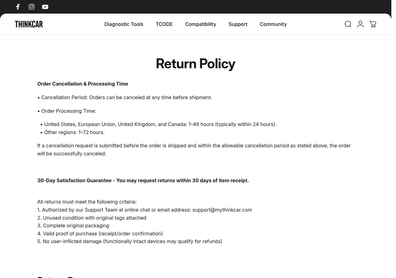 The Thinkcar return policy page showing the order cancellation rules and 30-day satisfaction guarantee