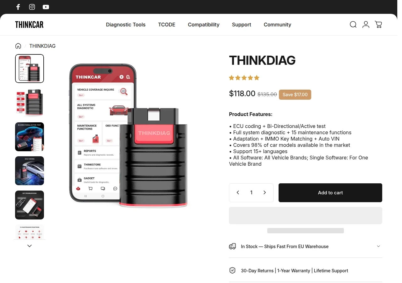 The Thinkcar ThinkDiag product page showing the $118 price and product features