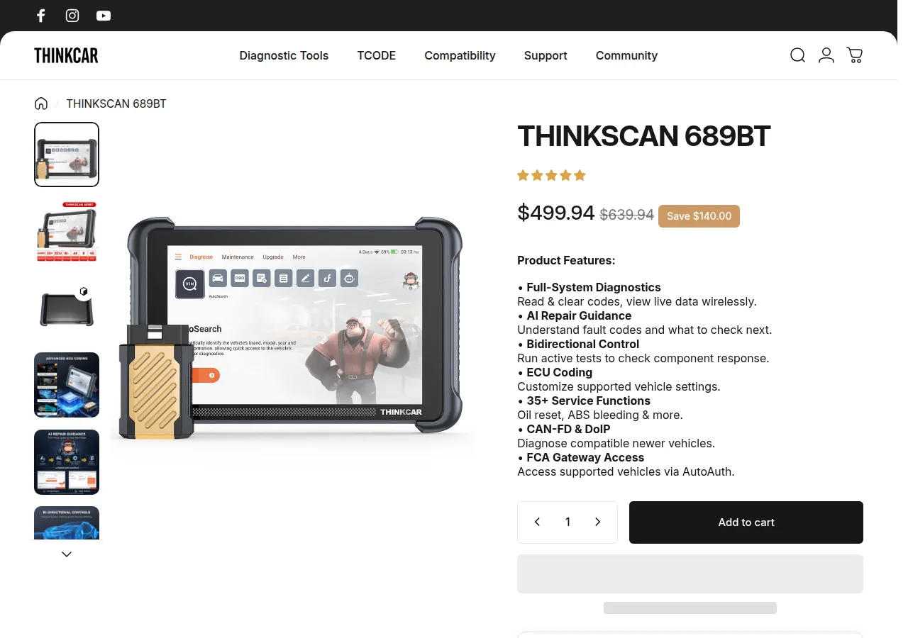 The Thinkcar ThinkScan 689BT product page with the $499.94 price and feature list