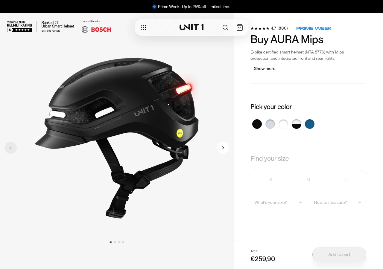 Screenshot of the Unit 1 Aura Mips product page showing a black helmet with integrated lights, a Virginia Tech 5-star rating badge and a 4.7 star rating from 830 reviews