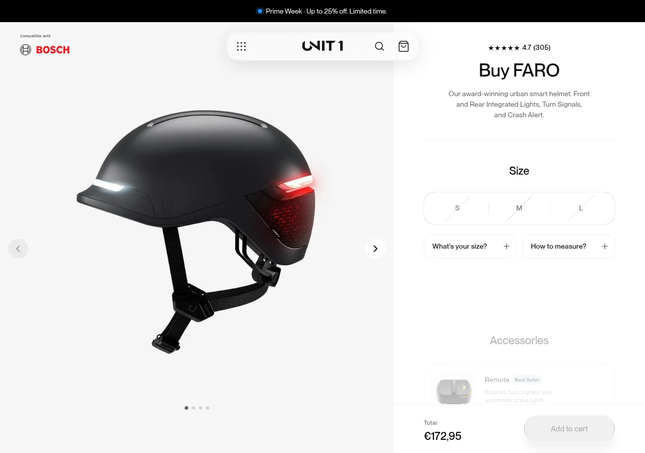 The Unit 1 FARO product page showing a black helmet with a lit front and rear strip and a 4.7 rating from 305 reviews