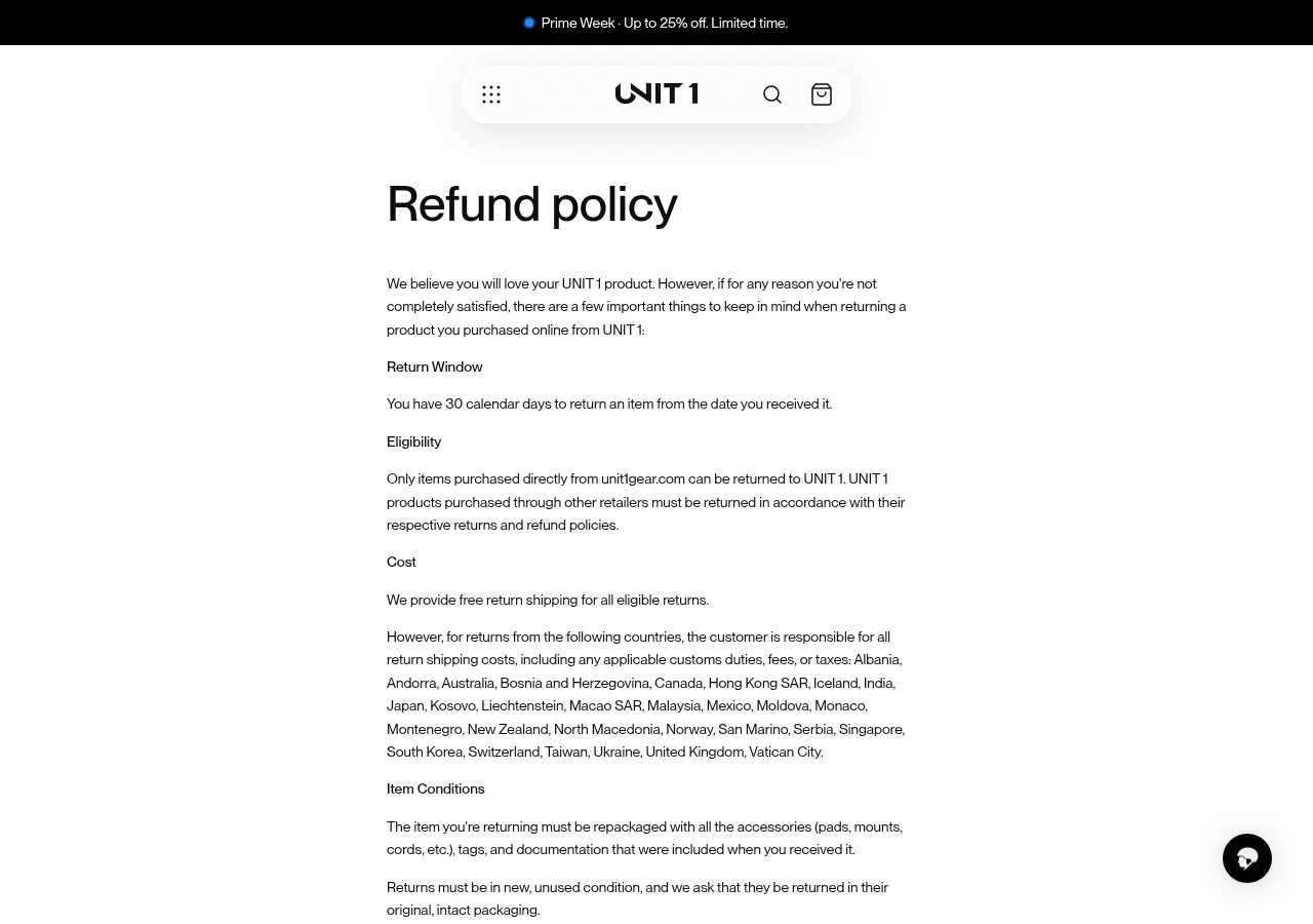The Unit 1 refund policy page describing a 30 calendar day return window and free return shipping