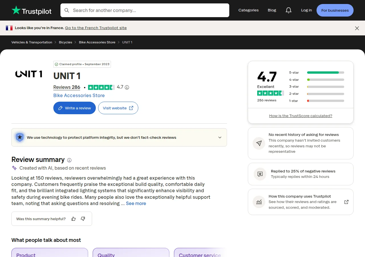 The Trustpilot page for UNIT 1 showing a 4.7 rating from 286 reviews