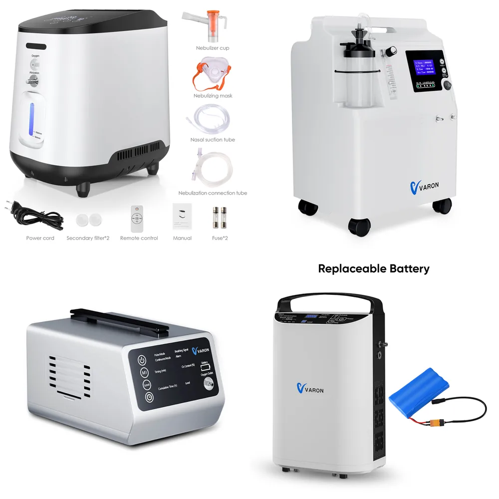 Four Varon oxygen concentrators: the VH-2 and Serene 5 home units, the VT-1 travel unit and the VP-1 portable unit