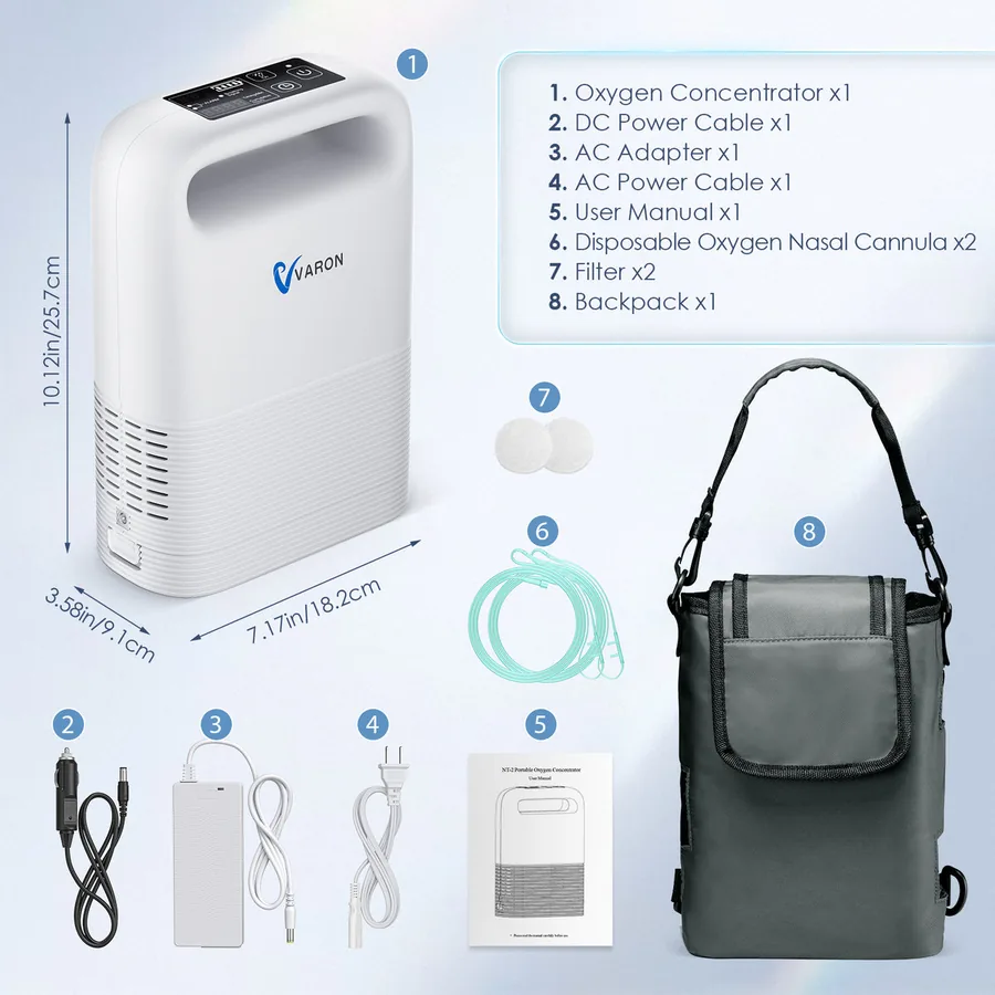Varon VP-2 portable oxygen concentrator with its accessories