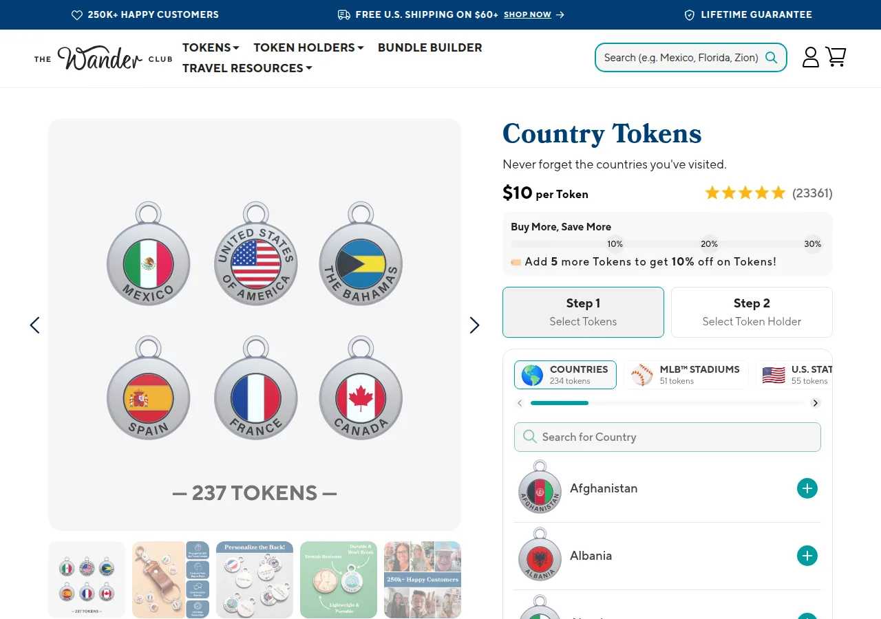 The Country Tokens product page showing six enamel country tokens priced at $10 per token