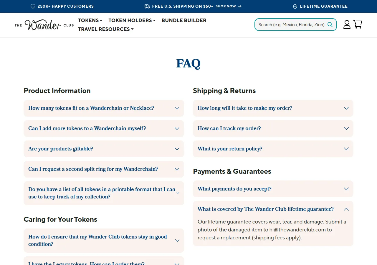 The Wander Club FAQ page explaining that the lifetime guarantee covers wear, tear and damage with shipping fees applying