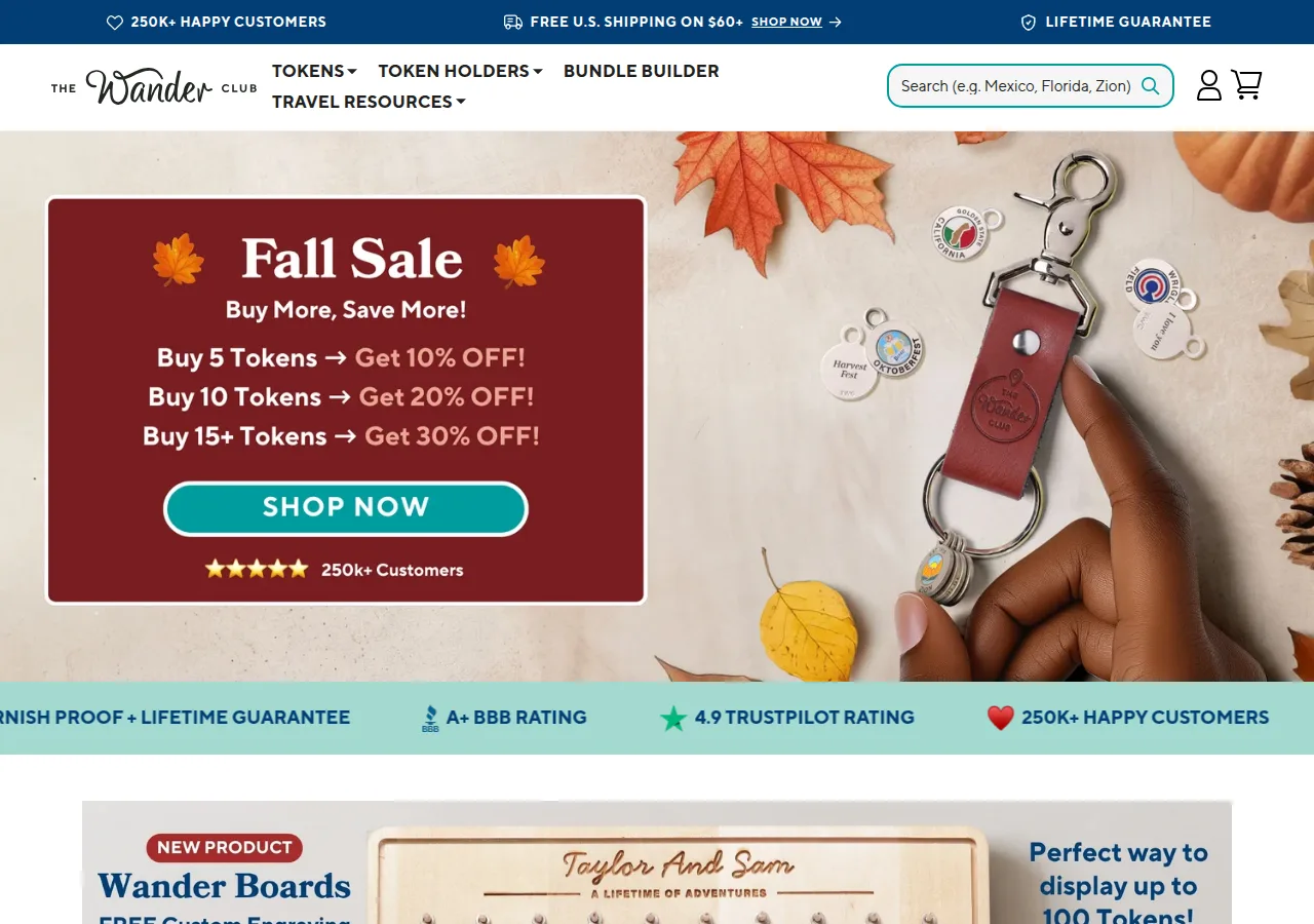 Screenshot of The Wander Club home page showing a Fall Sale banner with tiered token discounts and a leather Wanderchain
